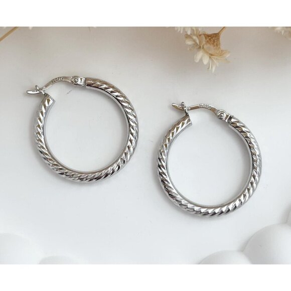 Jewelry - Textured Hand Wrought Vintage Medium Sized Sterling Silver Hoop Earrings